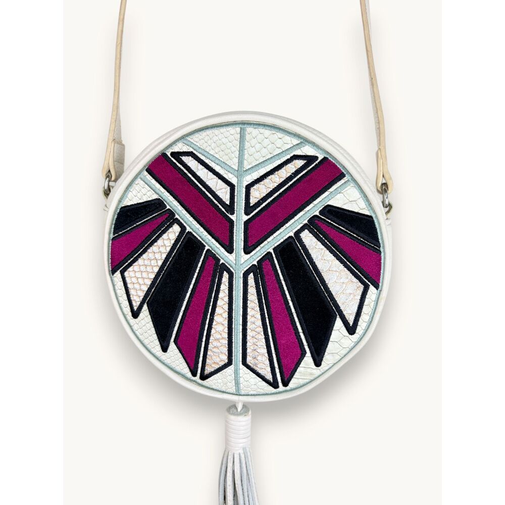 Sam Edelman Round Leather Crossbody Bag Geometric Inlay Tribal Tassel Boho